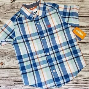Plaid Short Sleeve Button Up T-Shirt with Embroidered Crab Whale Hello There